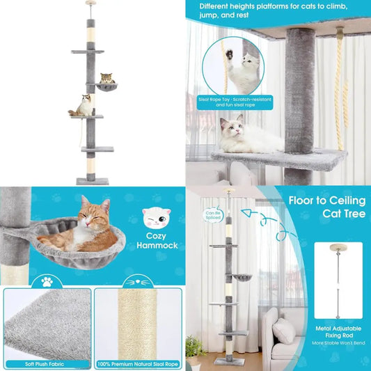 Cat Tree 5-Tier Floor to Ceiling, 89-109 Inch Adjustable Height Cat Tower with Cozy Hammock, Cat Climbing Tree for Indoor Cats,